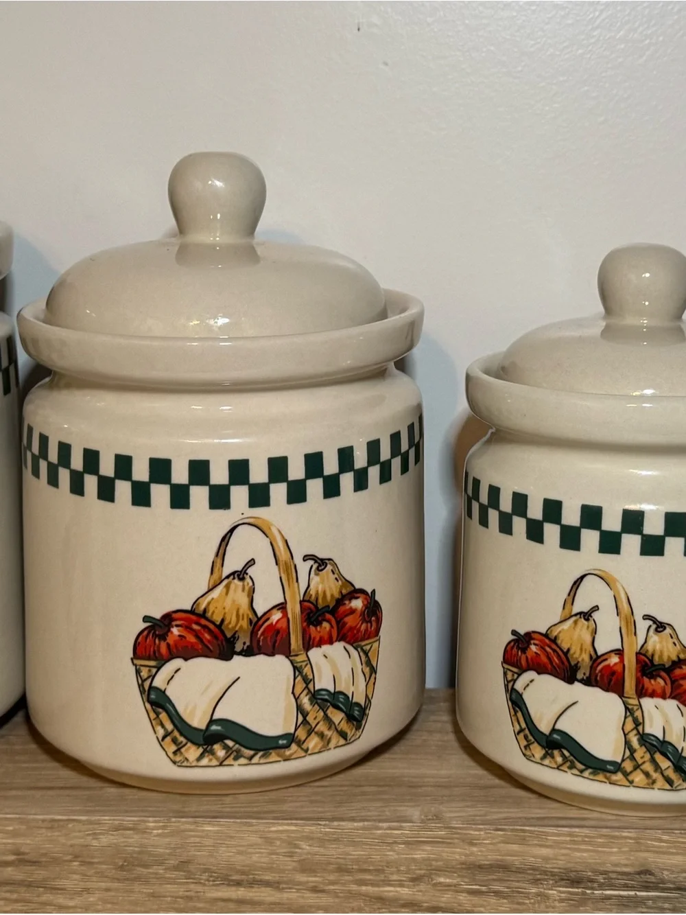 Gibson Cream Ceramic Canister with Green Check Border